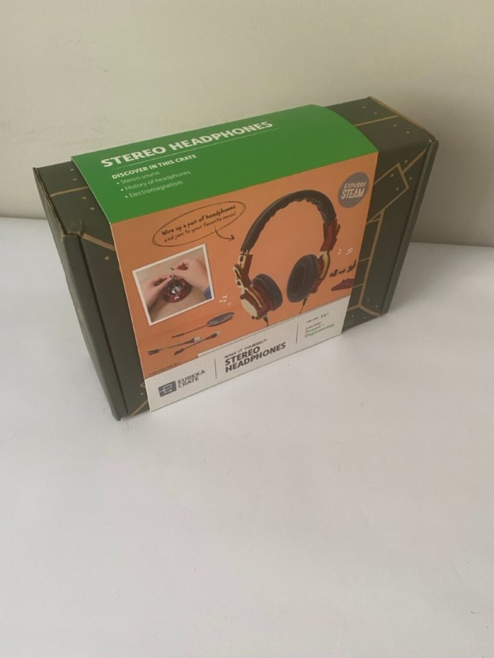 KiwiCo Tinker Crate Stereo Headphones build kit. Recommended ages 8+.